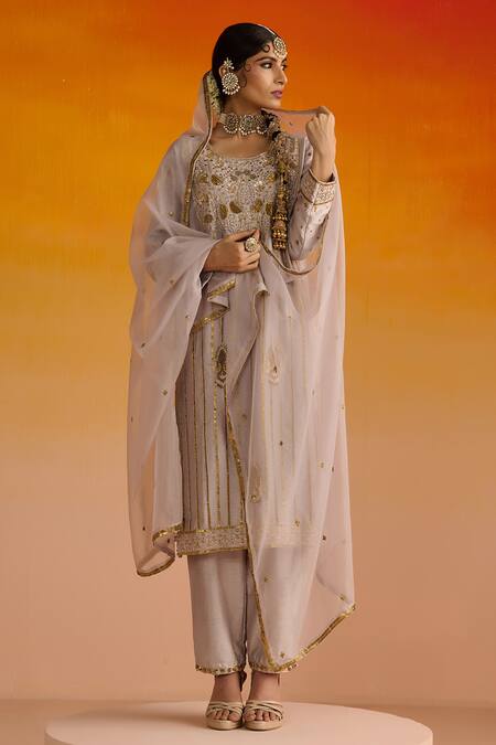 OHH CROW Grey Silk, Cotton Sequins, Diamonds, Zari, Embroidery Scoop Neck Hand Kurta Set at Aza Fashions OHH CROW_Grey Silk, Cotton Sequins, Diamonds, Zari, Embroidery Scoop Neck Hand Kurta Set _at_Aza_Fashions