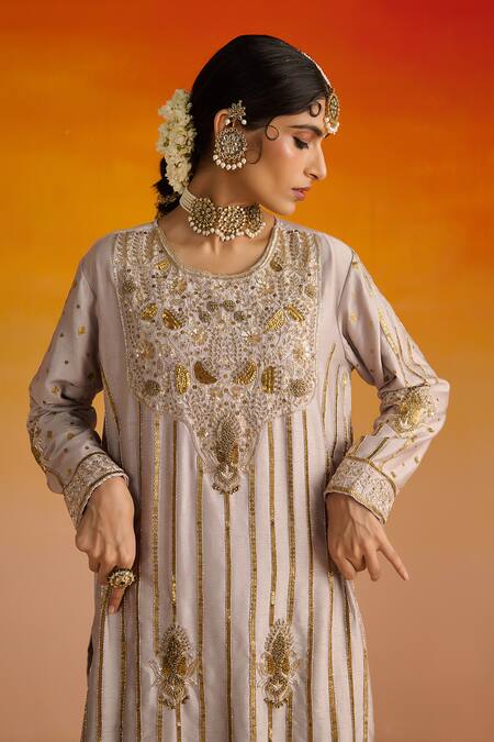 Buy OHH CROW Grey Silk, Cotton Sequins, Diamonds, Zari, Embroidery Scoop Neck Hand Kurta Set Buy_OHH CROW_Grey Silk, Cotton Sequins, Diamonds, Zari, Embroidery Scoop Neck Hand Kurta Set