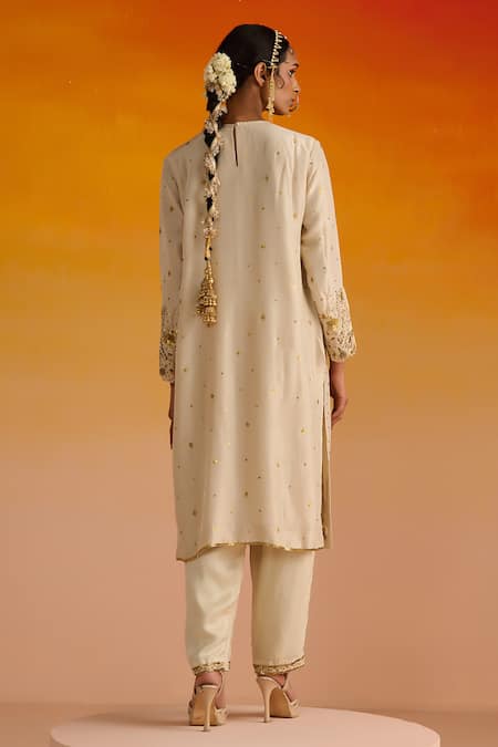 Shop OHH CROW Ivory Silk, Cotton, Chiffon Sequins, Diamonds, Zari, Hand Kurta Pant Set at Aza Fashions Shop_OHH CROW_Ivory Silk, Cotton, Chiffon Sequins, Diamonds, Zari, Hand Kurta Pant Set _at_Aza_Fashions