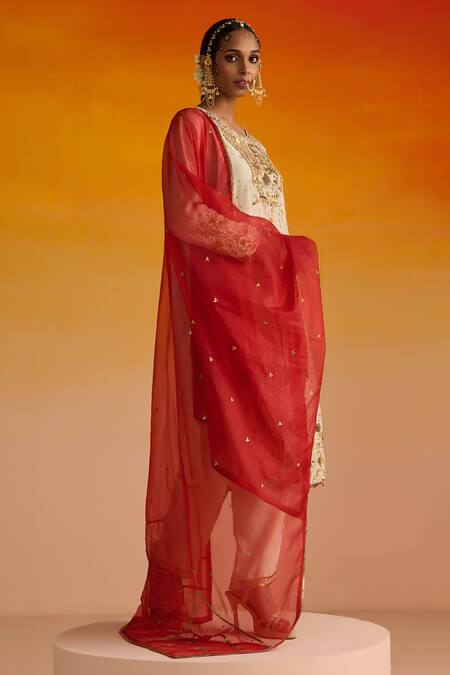 OHH CROW Ivory Silk, Cotton, Chiffon Sequins, Diamonds, Zari, Hand Kurta Pant Set Online at Aza Fashions OHH CROW_Ivory Silk, Cotton, Chiffon Sequins, Diamonds, Zari, Hand Kurta Pant Set _Online_at_Aza_Fashions