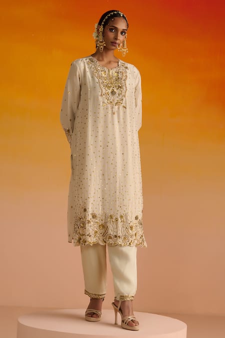 Buy OHH CROW Ivory Silk, Cotton, Chiffon Sequins, Diamonds, Zari, Hand Kurta Pant Set Online at Aza Fashions Buy_OHH CROW_Ivory Silk, Cotton, Chiffon Sequins, Diamonds, Zari, Hand Kurta Pant Set _Online_at_Aza_Fashions