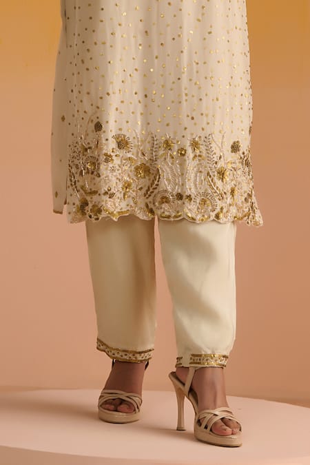 Shop OHH CROW Ivory Silk, Cotton, Chiffon Sequins, Diamonds, Zari, Hand Kurta Pant Set Online at Aza Fashions Shop_OHH CROW_Ivory Silk, Cotton, Chiffon Sequins, Diamonds, Zari, Hand Kurta Pant Set _Online_at_Aza_Fashions