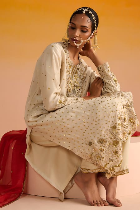 Buy OHH CROW Ivory Silk, Cotton, Chiffon Sequins, Diamonds, Zari, Hand Kurta Pant Set Buy_OHH CROW_Ivory Silk, Cotton, Chiffon Sequins, Diamonds, Zari, Hand Kurta Pant Set
