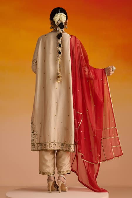 Shop OHH CROW Beige Silk, Cotton, Chiffon Sequins, Diamonds, Zari, Embroidery Hand Kurta Set at Aza Fashions Shop_OHH CROW_Beige Silk, Cotton, Chiffon Sequins, Diamonds, Zari, Embroidery Hand Kurta Set _at_Aza_Fashions