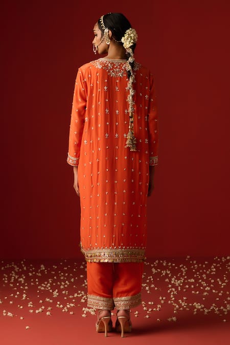 OHH CROW Orange Crepe, Cotton Sequins, Zari, Embroidery V-neck Hand Kurta Pant Set Online at Aza Fashions OHH CROW_Orange Crepe, Cotton Sequins, Zari, Embroidery V-neck Hand Kurta Pant Set _Online_at_Aza_Fashions