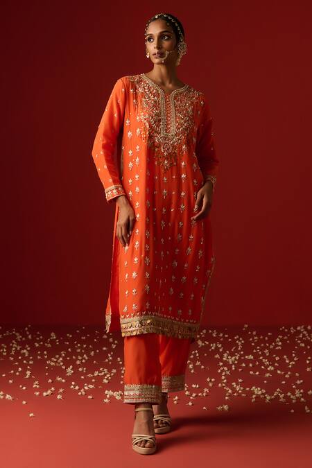 Buy OHH CROW Orange Crepe, Cotton Sequins, Zari, Embroidery V-neck Hand Kurta Pant Set Online at Aza Fashions Buy_OHH CROW_Orange Crepe, Cotton Sequins, Zari, Embroidery V-neck Hand Kurta Pant Set _Online_at_Aza_Fashions