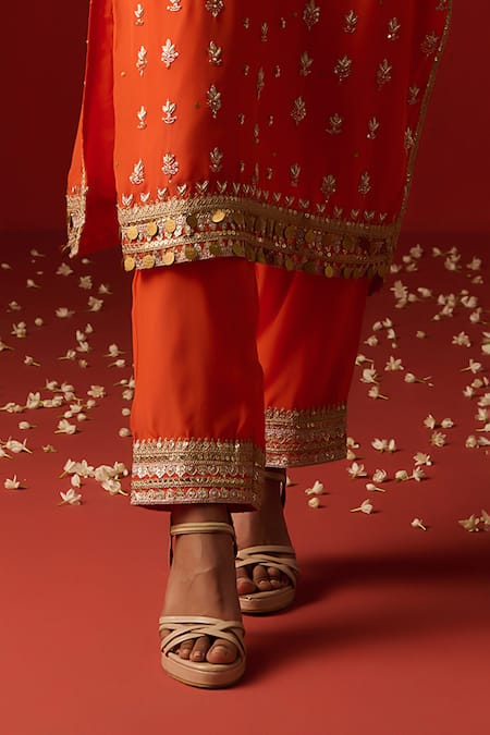 Shop OHH CROW Orange Crepe, Cotton Sequins, Zari, Embroidery V-neck Hand Kurta Pant Set Online at Aza Fashions Shop_OHH CROW_Orange Crepe, Cotton Sequins, Zari, Embroidery V-neck Hand Kurta Pant Set _Online_at_Aza_Fashions