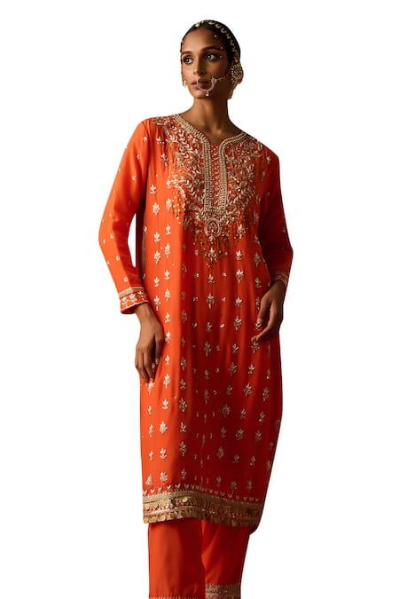 OHH CROW Orange Crepe, Cotton Sequins, Zari, Embroidery V-neck Hand Kurta Pant Set at Aza Fashions OHH CROW_Orange Crepe, Cotton Sequins, Zari, Embroidery V-neck Hand Kurta Pant Set _at_Aza_Fashions