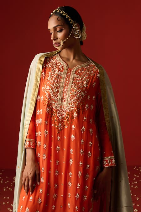 Shop OHH CROW Orange Crepe, Cotton Sequins, Zari, Embroidery V-neck Hand Kurta Pant Set Shop_OHH CROW_Orange Crepe, Cotton Sequins, Zari, Embroidery V-neck Hand Kurta Pant Set