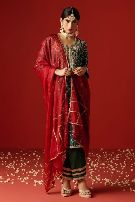 Buy OHH CROW Green Silk, Cotton, Chiffon Sequins, Zari, Embroidery Split Hand Kurta Set Online at Aza Fashions Buy_OHH CROW_Green Silk, Cotton, Chiffon Sequins, Zari, Embroidery Split Hand Kurta Set _Online_at_Aza_Fashions