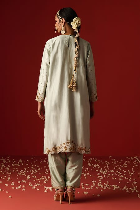 OHH CROW Green Silk, Cotton, Rayon Sequins, Diamonds, Zari, And Hand Kurta Pant Set Online at Aza Fashions OHH CROW_Green Silk, Cotton, Rayon Sequins, Diamonds, Zari, And Hand Kurta Pant Set _Online_at_Aza_Fashions