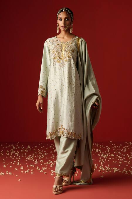 Shop OHH CROW Green Silk, Cotton, Rayon Sequins, Diamonds, Zari, And Hand Kurta Pant Set Online at Aza Fashions Shop_OHH CROW_Green Silk, Cotton, Rayon Sequins, Diamonds, Zari, And Hand Kurta Pant Set _Online_at_Aza_Fashions