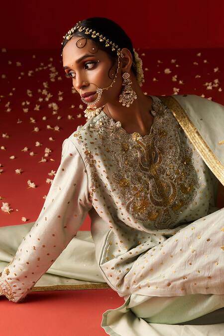 Buy OHH CROW Green Silk, Cotton, Rayon Sequins, Diamonds, Zari, And Hand Kurta Pant Set Buy_OHH CROW_Green Silk, Cotton, Rayon Sequins, Diamonds, Zari, And Hand Kurta Pant Set