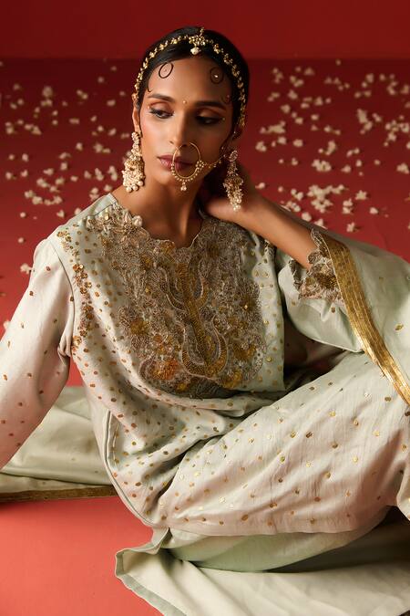 Shop OHH CROW Green Silk, Cotton, Rayon Sequins, Diamonds, Zari, And Hand Kurta Pant Set Shop_OHH CROW_Green Silk, Cotton, Rayon Sequins, Diamonds, Zari, And Hand Kurta Pant Set