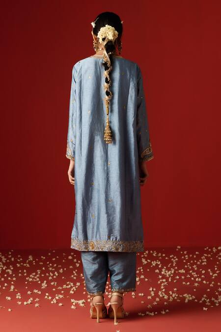 Shop OHH CROW Blue Silk, Cotton, Chiffon Sequins, Diamonds, Zari, And Hand Kurta Set at Aza Fashions Shop_OHH CROW_Blue Silk, Cotton, Chiffon Sequins, Diamonds, Zari, And Hand Kurta Set _at_Aza_Fashions