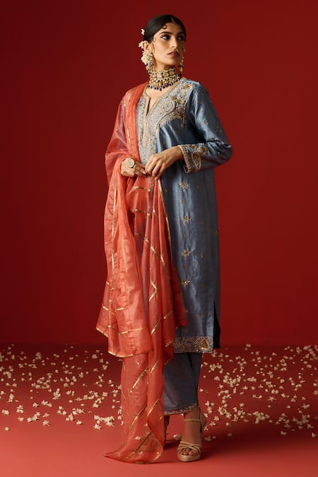 OHH CROW Blue Silk, Cotton, Chiffon Sequins, Diamonds, Zari, And Hand Kurta Set Online at Aza Fashions OHH CROW_Blue Silk, Cotton, Chiffon Sequins, Diamonds, Zari, And Hand Kurta Set _Online_at_Aza_Fashions