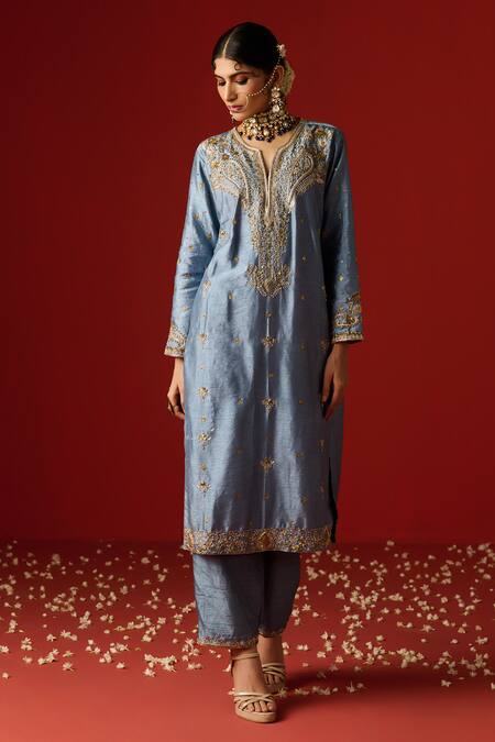 Buy OHH CROW Blue Silk, Cotton, Chiffon Sequins, Diamonds, Zari, And Hand Kurta Set Online at Aza Fashions Buy_OHH CROW_Blue Silk, Cotton, Chiffon Sequins, Diamonds, Zari, And Hand Kurta Set _Online_at_Aza_Fashions