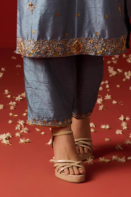 Shop OHH CROW Blue Silk, Cotton, Chiffon Sequins, Diamonds, Zari, And Hand Kurta Set Online at Aza Fashions Shop_OHH CROW_Blue Silk, Cotton, Chiffon Sequins, Diamonds, Zari, And Hand Kurta Set _Online_at_Aza_Fashions