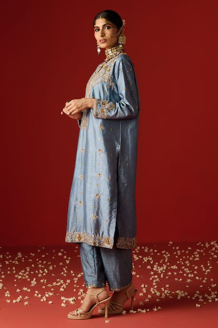 OHH CROW Blue Silk, Cotton, Chiffon Sequins, Diamonds, Zari, And Hand Kurta Set at Aza Fashions OHH CROW_Blue Silk, Cotton, Chiffon Sequins, Diamonds, Zari, And Hand Kurta Set _at_Aza_Fashions