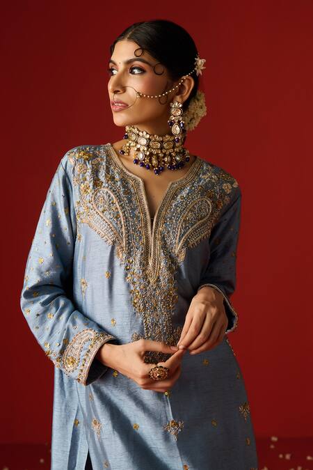 Buy OHH CROW Blue Silk, Cotton, Chiffon Sequins, Diamonds, Zari, And Hand Kurta Set Buy_OHH CROW_Blue Silk, Cotton, Chiffon Sequins, Diamonds, Zari, And Hand Kurta Set