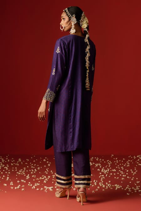 Shop OHH CROW Purple Chanderi, Cotton Sequins, Zari, Embroidery V-neck And Hand Kurta Pant Set at Aza Fashions Shop_OHH CROW_Purple Chanderi, Cotton Sequins, Zari, Embroidery V-neck And Hand Kurta Pant Set _at_Aza_Fashions
