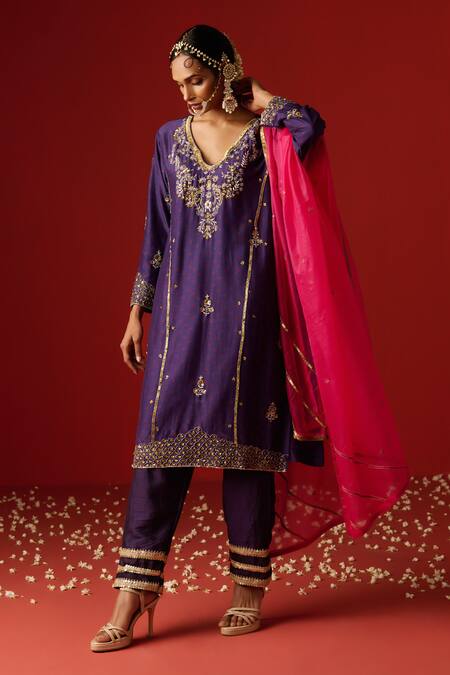 Buy OHH CROW Purple Chanderi, Cotton Sequins, Zari, Embroidery V-neck And Hand Kurta Pant Set Online at Aza Fashions Buy_OHH CROW_Purple Chanderi, Cotton Sequins, Zari, Embroidery V-neck And Hand Kurta Pant Set _Online_at_Aza_Fashions