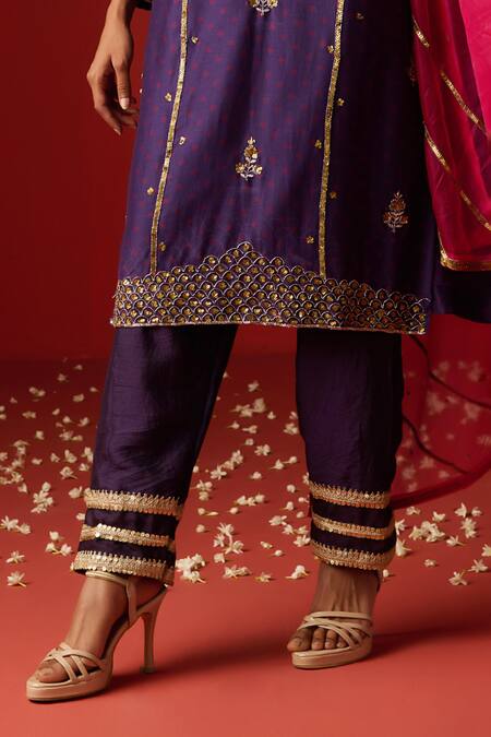 Shop OHH CROW Purple Chanderi, Cotton Sequins, Zari, Embroidery V-neck And Hand Kurta Pant Set Online at Aza Fashions Shop_OHH CROW_Purple Chanderi, Cotton Sequins, Zari, Embroidery V-neck And Hand Kurta Pant Set _Online_at_Aza_Fashions
