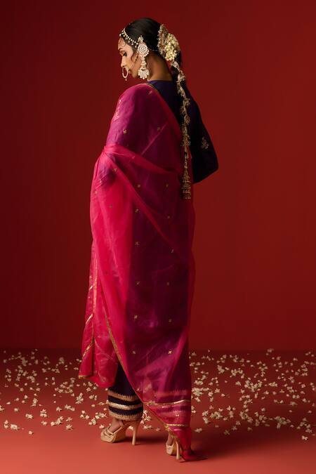 OHH CROW Purple Chanderi, Cotton Sequins, Zari, Embroidery V-neck And Hand Kurta Pant Set at Aza Fashions OHH CROW_Purple Chanderi, Cotton Sequins, Zari, Embroidery V-neck And Hand Kurta Pant Set _at_Aza_Fashions