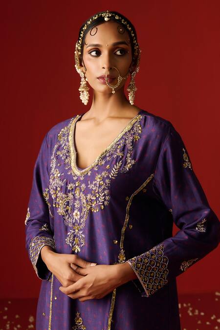 Buy OHH CROW Purple Chanderi, Cotton Sequins, Zari, Embroidery V-neck And Hand Kurta Pant Set Buy_OHH CROW_Purple Chanderi, Cotton Sequins, Zari, Embroidery V-neck And Hand Kurta Pant Set