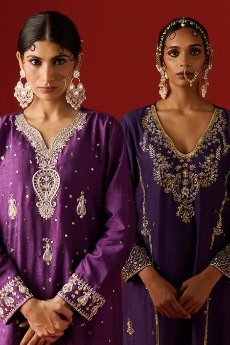 Shop OHH CROW Purple Chanderi, Cotton Sequins, Zari, Embroidery V-neck And Hand Kurta Pant Set Shop_OHH CROW_Purple Chanderi, Cotton Sequins, Zari, Embroidery V-neck And Hand Kurta Pant Set