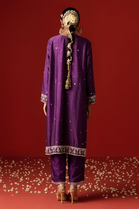 Shop OHH CROW Purple Silk, Cotton, Chiffon Sequins, Zari, Embroidery Split And Hand Kurta Set at Aza Fashions Shop_OHH CROW_Purple Silk, Cotton, Chiffon Sequins, Zari, Embroidery Split And Hand Kurta Set _at_Aza_Fashions