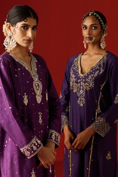 Buy OHH CROW Purple Silk, Cotton, Chiffon Sequins, Zari, Embroidery Split And Hand Kurta Set Online at Aza Fashions Buy_OHH CROW_Purple Silk, Cotton, Chiffon Sequins, Zari, Embroidery Split And Hand Kurta Set _Online_at_Aza_Fashions