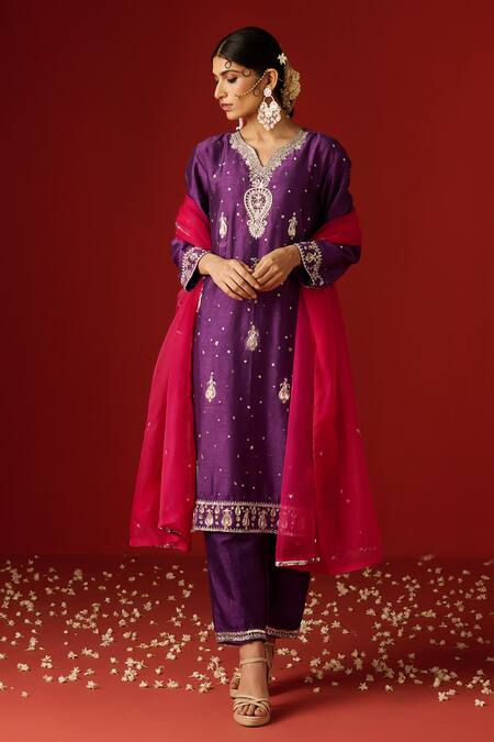 Shop OHH CROW Purple Silk, Cotton, Chiffon Sequins, Zari, Embroidery Split And Hand Kurta Set Online at Aza Fashions Shop_OHH CROW_Purple Silk, Cotton, Chiffon Sequins, Zari, Embroidery Split And Hand Kurta Set _Online_at_Aza_Fashions