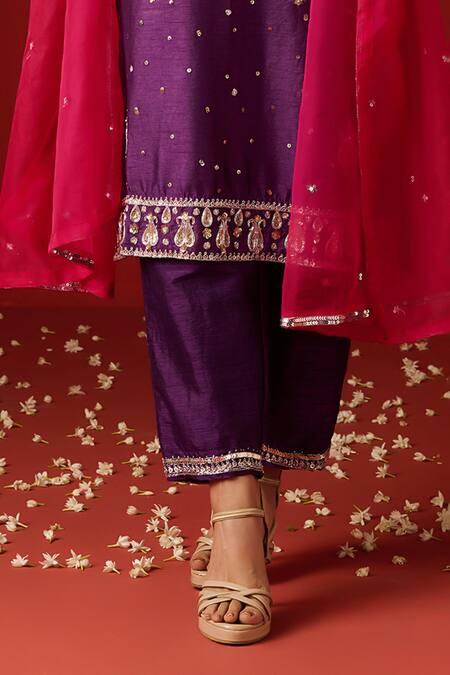 OHH CROW Purple Silk, Cotton, Chiffon Sequins, Zari, Embroidery Split And Hand Kurta Set at Aza Fashions OHH CROW_Purple Silk, Cotton, Chiffon Sequins, Zari, Embroidery Split And Hand Kurta Set _at_Aza_Fashions