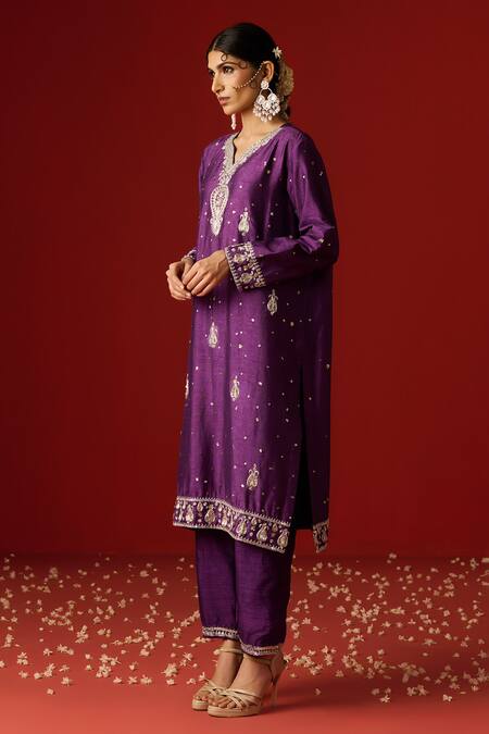 Shop OHH CROW Purple Silk, Cotton, Chiffon Sequins, Zari, Embroidery Split And Hand Kurta Set Shop_OHH CROW_Purple Silk, Cotton, Chiffon Sequins, Zari, Embroidery Split And Hand Kurta Set