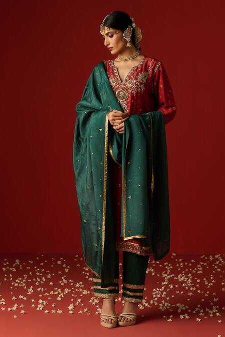 Buy OHH CROW Maroon Chanderi, Cotton Sequins, Diamonds, Zari Split Embroidered Kurta Pant Set Online at Aza Fashions Buy_OHH CROW_Maroon Chanderi, Cotton Sequins, Diamonds, Zari Split Embroidered Kurta Pant Set _Online_at_Aza_Fashions