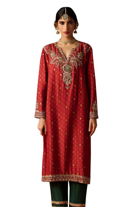 Shop OHH CROW Maroon Chanderi, Cotton Sequins, Diamonds, Zari Split Embroidered Kurta Pant Set Shop_OHH CROW_Maroon Chanderi, Cotton Sequins, Diamonds, Zari Split Embroidered Kurta Pant Set