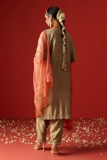 Shop OHH CROW Beige Silk, Cotton, Chiffon Sequins, Embroidery Mandarin Hand Zari Kurta Set at Aza Fashions Shop_OHH CROW_Beige Silk, Cotton, Chiffon Sequins, Embroidery Mandarin Hand Zari Kurta Set _at_Aza_Fashions