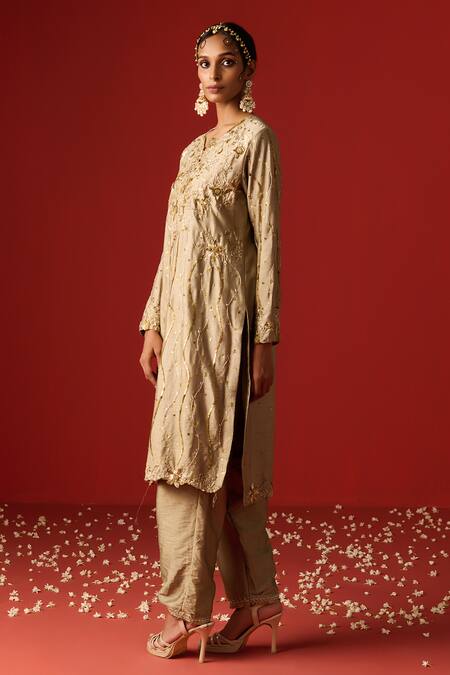 Buy OHH CROW Beige Silk, Cotton, Chiffon Sequins, Embroidery Mandarin Hand Zari Kurta Set Online at Aza Fashions Buy_OHH CROW_Beige Silk, Cotton, Chiffon Sequins, Embroidery Mandarin Hand Zari Kurta Set _Online_at_Aza_Fashions
