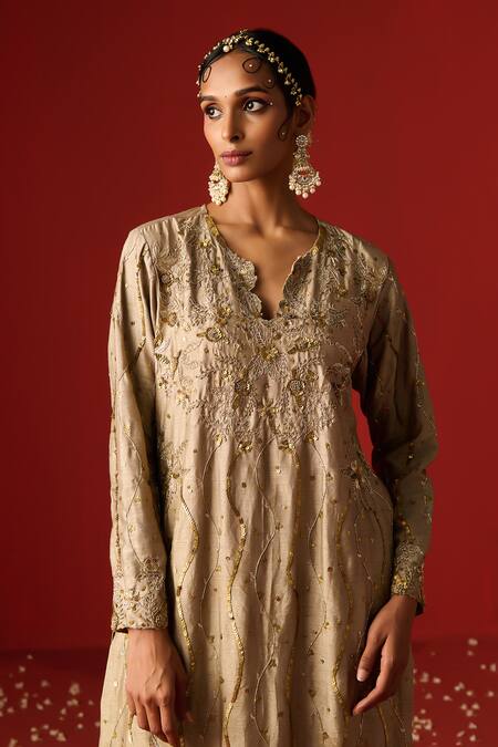 Shop OHH CROW Beige Silk, Cotton, Chiffon Sequins, Embroidery Mandarin Hand Zari Kurta Set Online at Aza Fashions Shop_OHH CROW_Beige Silk, Cotton, Chiffon Sequins, Embroidery Mandarin Hand Zari Kurta Set _Online_at_Aza_Fashions