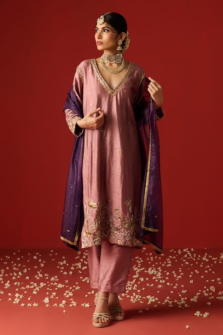 OHH CROW Pink Raw Silk Hand Embroidered Sequins V-neck Zari Kurta Pant Set 