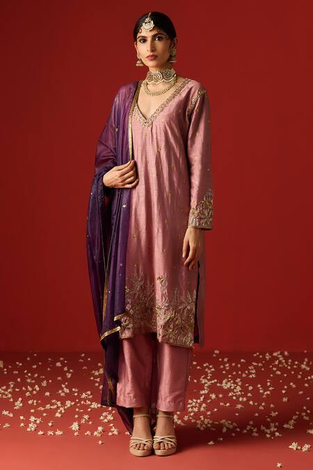 OHH CROW Pink Silk, Cotton, Chiffon Sequins, Zari, Embroidery Hand Kurta Pant Set Online at Aza Fashions OHH CROW_Pink Silk, Cotton, Chiffon Sequins, Zari, Embroidery Hand Kurta Pant Set _Online_at_Aza_Fashions
