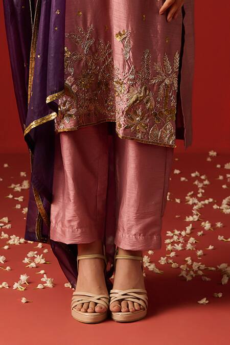 Buy OHH CROW Pink Silk, Cotton, Chiffon Sequins, Zari, Embroidery Hand Kurta Pant Set Online at Aza Fashions Buy_OHH CROW_Pink Silk, Cotton, Chiffon Sequins, Zari, Embroidery Hand Kurta Pant Set _Online_at_Aza_Fashions