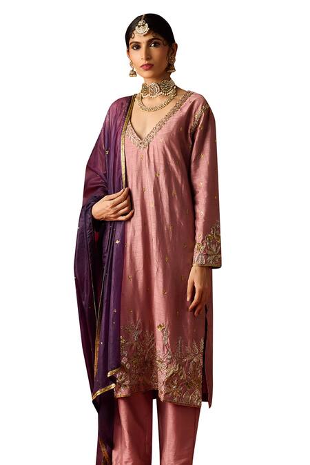 Shop OHH CROW Pink Silk, Cotton, Chiffon Sequins, Zari, Embroidery Hand Kurta Pant Set Online at Aza Fashions Shop_OHH CROW_Pink Silk, Cotton, Chiffon Sequins, Zari, Embroidery Hand Kurta Pant Set _Online_at_Aza_Fashions