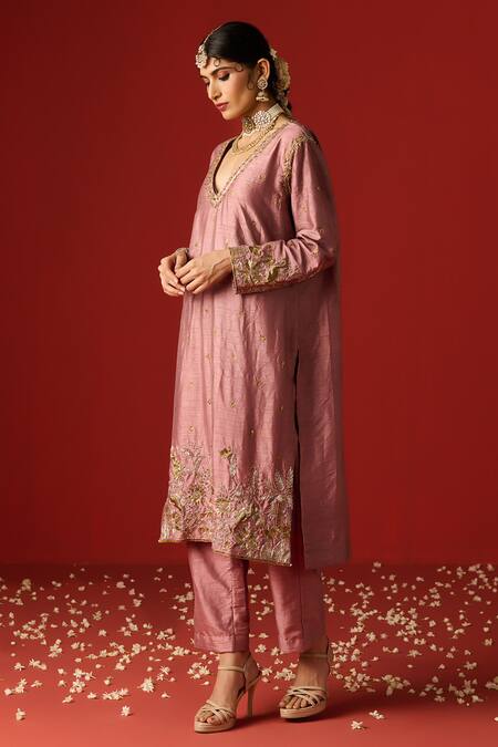 Buy OHH CROW Pink Silk, Cotton, Chiffon Sequins, Zari, Embroidery Hand Kurta Pant Set Buy_OHH CROW_Pink Silk, Cotton, Chiffon Sequins, Zari, Embroidery Hand Kurta Pant Set