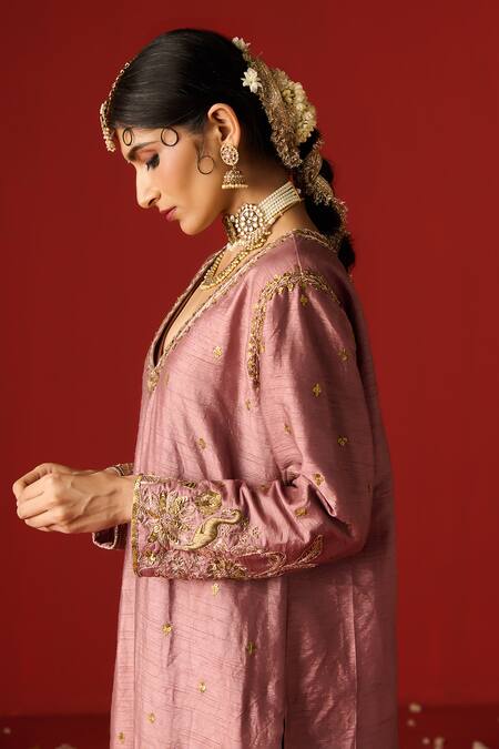 Shop OHH CROW Pink Silk, Cotton, Chiffon Sequins, Zari, Embroidery Hand Kurta Pant Set Shop_OHH CROW_Pink Silk, Cotton, Chiffon Sequins, Zari, Embroidery Hand Kurta Pant Set