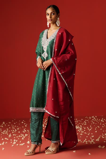 Shop OHH CROW Green Chanderi, Cotton, Silk Sequins, Diamonds, Zari, Embroidery Hand Kurta Set Online at Aza Fashions Shop_OHH CROW_Green Chanderi, Cotton, Silk Sequins, Diamonds, Zari, Embroidery Hand Kurta Set _Online_at_Aza_Fashions