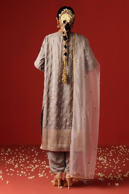 Shop OHH CROW Grey Cotton, Silk Sequins, Diamonds, Zari Scoop Hand Embroidered Kurta Pant Set at Aza Fashions Shop_OHH CROW_Grey Cotton, Silk Sequins, Diamonds, Zari Scoop Hand Embroidered Kurta Pant Set _at_Aza_Fashions