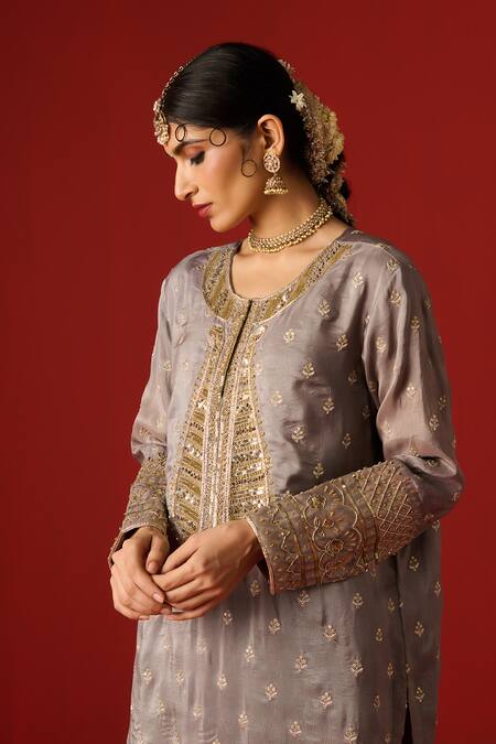 OHH CROW Grey Cotton, Silk Sequins, Diamonds, Zari Scoop Hand Embroidered Kurta Pant Set Online at Aza Fashions OHH CROW_Grey Cotton, Silk Sequins, Diamonds, Zari Scoop Hand Embroidered Kurta Pant Set _Online_at_Aza_Fashions