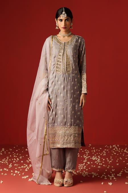 Buy OHH CROW Grey Cotton, Silk Sequins, Diamonds, Zari Scoop Hand Embroidered Kurta Pant Set Online at Aza Fashions Buy_OHH CROW_Grey Cotton, Silk Sequins, Diamonds, Zari Scoop Hand Embroidered Kurta Pant Set _Online_at_Aza_Fashions